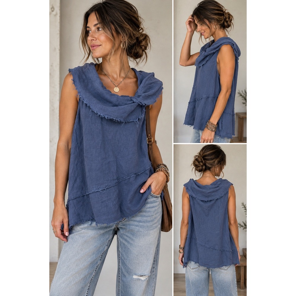 Camille + Co. Linen Sleeveless Cowl Neck Frayed Hem Tank Top  M Lagenlook Boho